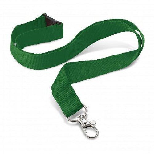 Set of 30 dark green Encore lanyards, crafted from wide polyester with metal and safety clips for secure ID display.