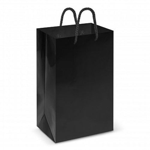 Small black laminated carry bags with durable handles, measuring H 210mm x W 133mm, perfect for retail and events. Pack of 50.