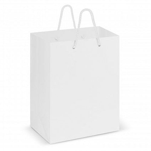 White laminated carry bag set of 30, medium size, durable art paper with strong handles for shopping and gifting.