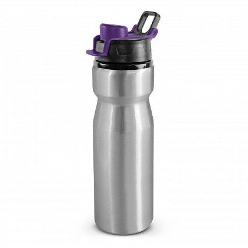 Set of 6 silver and purple Viper drink bottles, 750ml, with leak-proof snap cap and ergonomic carry handle.