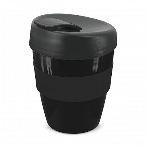 Set of 12 black 350ml reusable coffee cups with silicone band, secure lid, shatterproof design, and eco-friendly materials.
