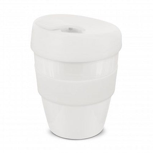 Set of 12 white reusable coffee cups with silicone bands, screw-on lids, shatterproof design, perfect for home or office.