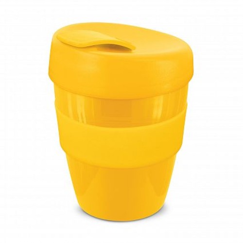 Set of 12 vibrant yellow reusable coffee cups, 350ml, with silicone band, secure lid, shatterproof and eco-friendly design.