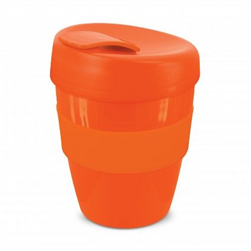 Set of 12 vibrant orange 350ml reusable coffee cups with secure lids and heat-resistant bands for on-the-go beverages.