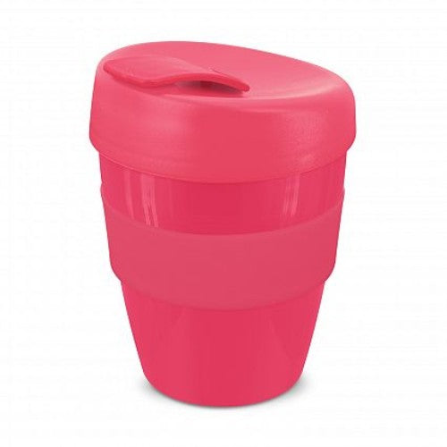 Set of 12 vibrant pink reusable coffee cups with silicone bands, shatterproof design, and splash-proof lids.