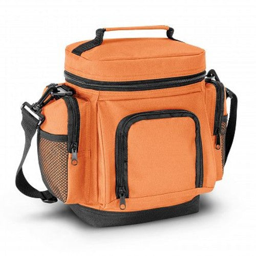 Vibrant orange Laguna Cooler Bag with durable polyester, 6.5L capacity, zippered closure, and multiple pockets for outdoor use.