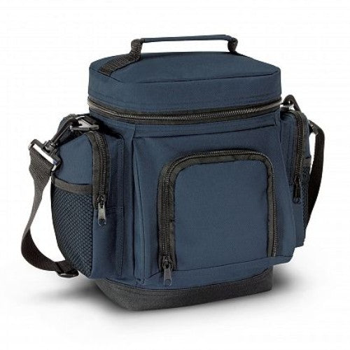 Navy cooler bag with 6.5L capacity, zippered closure, insulated lining, and multiple pockets for picnics and outings.
