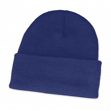 Set of 10 royal blue Everest Beanies with roll-up cuff, made from warm knitted acrylic for stylish winter comfort.
