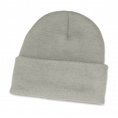 Set of 10 grey knitted beanies with roll-up cuffs, perfect for winter wear and stylish outdoor adventures.