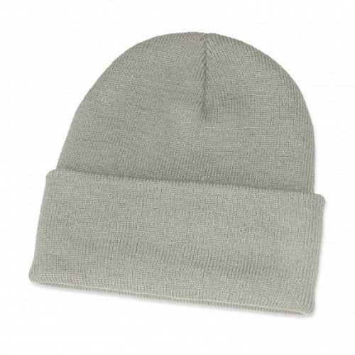 Set of 10 grey knitted beanies with roll-up cuffs, perfect for winter wear and stylish outdoor adventures.