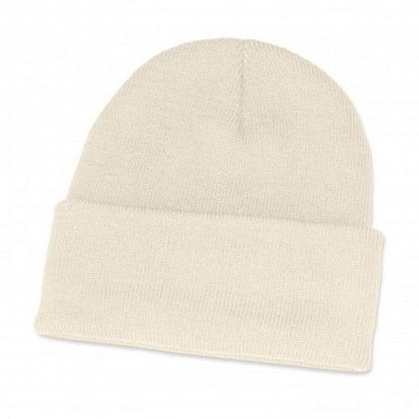 Set of 10 white knitted acrylic beanies with roll-up cuffs, perfect for winter outings and group events.
