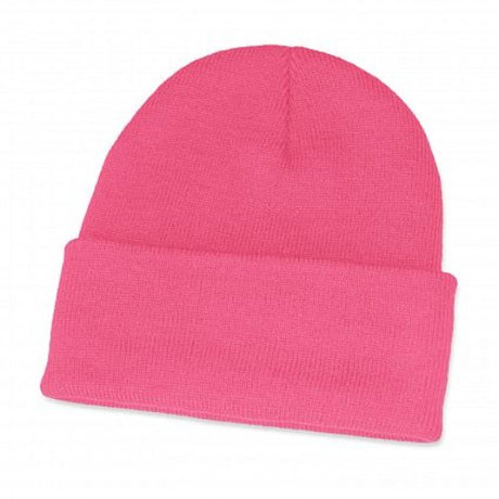 Set of 10 vibrant pink Everest beanies with roll-up cuffs, perfect for warmth and style in winter.