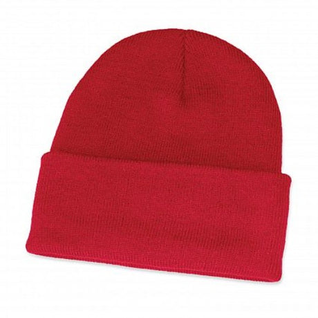 Red knitted Everest beanie set of 10 with roll-up cuffs, perfect for winter warmth and style.