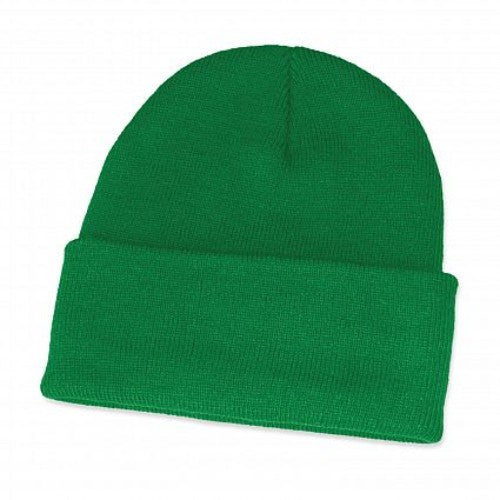 Set of 10 dark green knitted beanies with roll-up cuff, perfect for warmth and style in winter.