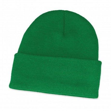 Set of 10 dark green knitted beanies with roll-up cuff, perfect for warmth and style in winter.