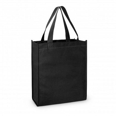Eco-friendly Kira A4 tote bags in black, set of 30, designed for carrying documents and items with a spacious gusset.