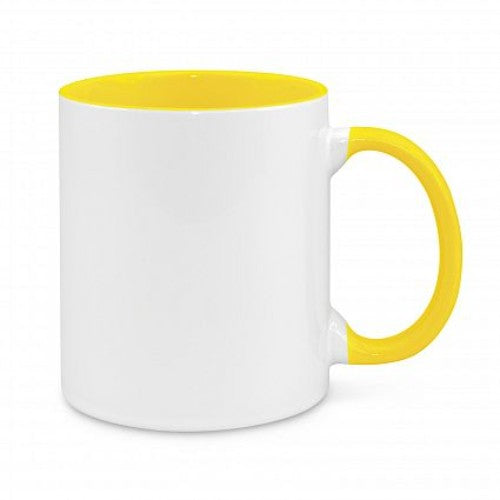 Set of 6 two-tone yellow and white stoneware coffee mugs, 330ml capacity, perfect for hot beverages, presented in a gift box.