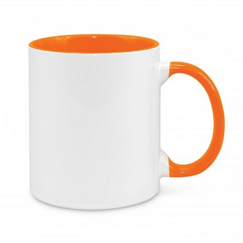 Set of 6 two-tone white and orange stoneware coffee mugs, 330ml capacity, presented in an elegant black gift box.