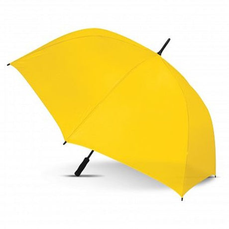 Bright yellow sports umbrella with eight-panel design, windproof frame, and automatic opening for all weather outdoor activities.