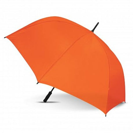 Vibrant orange sports umbrella with automatic opening, sturdy ribs, and fiberglass frame, ideal for outdoor activities.