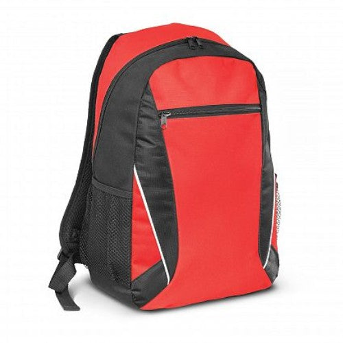 Bright red Navara Backpack with white piping, padded back, adjustable straps, large compartment, and mesh side pockets.