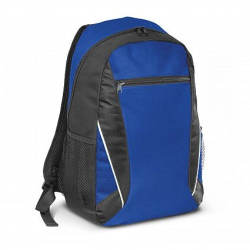 Spacious Royal Blue Navara Backpack with padded straps, zippered front pocket, and trendy white piping for stylish comfort.