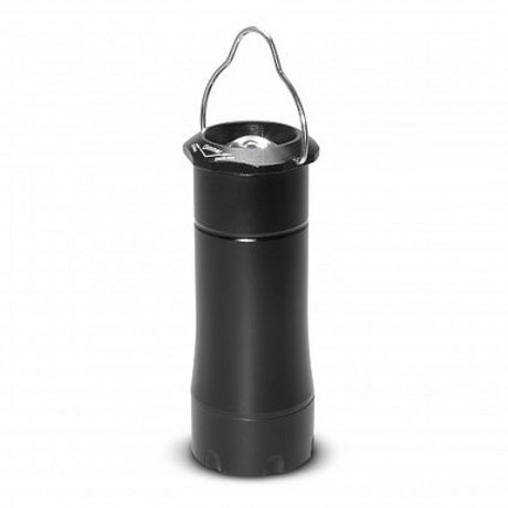 Compact black flashlight lantern with sturdy handle, transforms for versatile camping and emergency lighting.