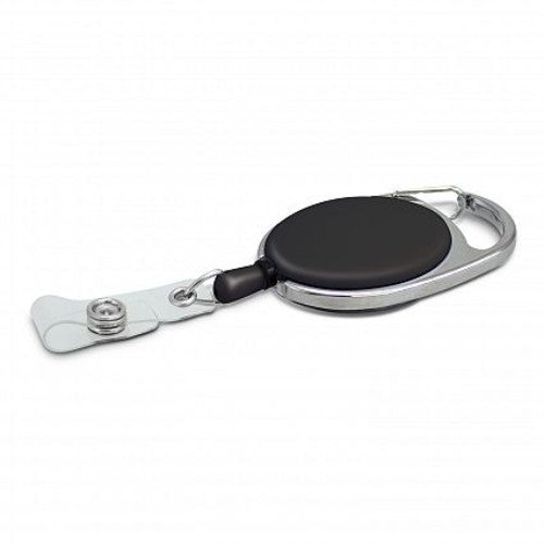 Set of 30 black retractable ID holders with steel spring, carabiner clip, and standard dome attachment for easy access.