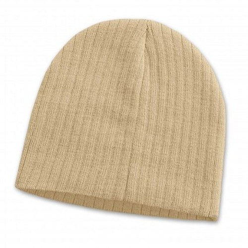 Beige Nebraska Cable Knit Beanie set of 10, crafted from acrylic yarn; stylish and warm winter accessory for all.