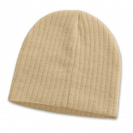 Beige Nebraska Cable Knit Beanie set of 10, crafted from acrylic yarn; stylish and warm winter accessory for all.