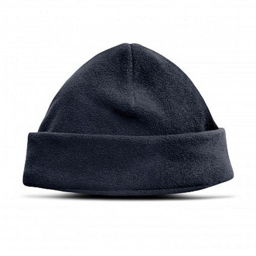 Set of 10 navy polar fleece beanies with roll-up cuffs, perfect for winter warmth and style for men and women.