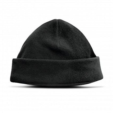Set of 10 black polar fleece beanies with roll-up cuffs, perfect for warmth and style in winter activities.