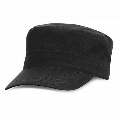 Set of 6 black military style caps with durable cotton, pre-curved peak, adjustable fit, and comfortable sweat band.