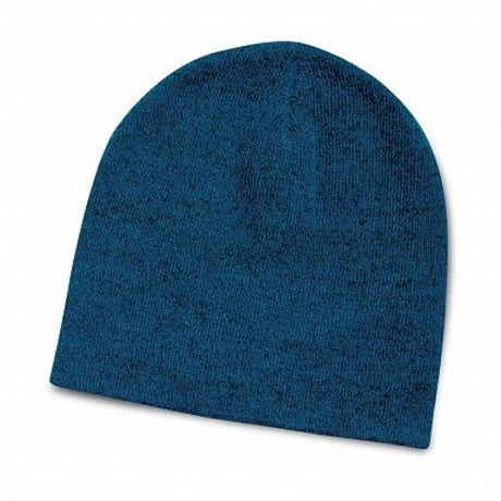 Set of 10 vibrant blue knit beanies with a two-tone flecked design, perfect for warmth and winter fashion.