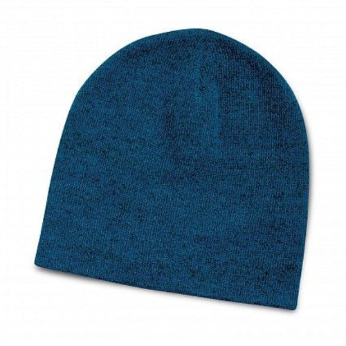 Set of 10 vibrant blue knit beanies with a two-tone flecked design, perfect for warmth and winter fashion.