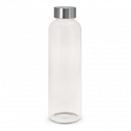 Set of 6 clear borosilicate glass drink bottles, 600ml, with secure stainless steel lids for safe, stylish hydration.