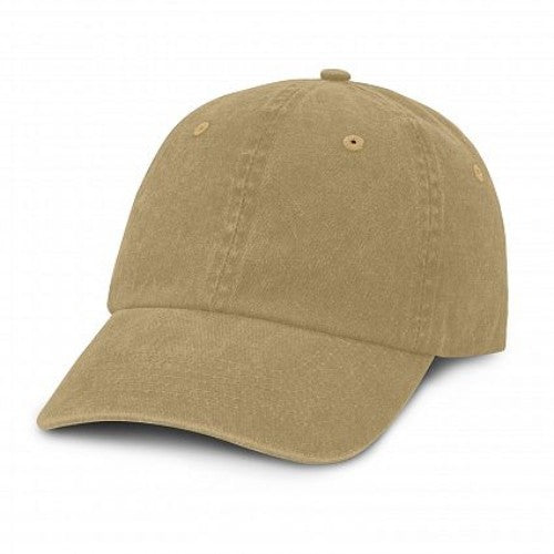 Set of 6 beige stone washed caps with embroidered eyelets, adjustable fit, and pre-curved peak for outdoor style.