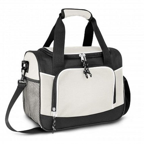 Durable white cooler bag with 9L capacity, PE foam insulation, front pocket, and adjustable shoulder strap. Perfect for outdoor use.