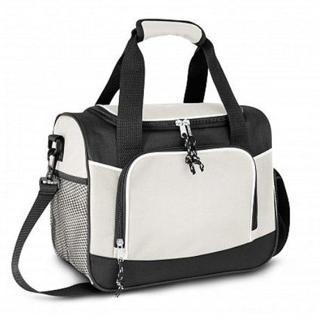 Durable white cooler bag with 9L capacity, PE foam insulation, front pocket, and adjustable shoulder strap. Perfect for outdoor use.