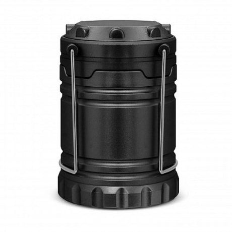 Portable black Aurora COB Lantern with high lumen output, foldable handles, and user-friendly pull-open design for outdoor use.