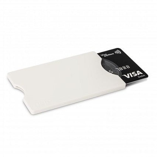 White RFID card protectors in a pack of 20, crafted with metallic foil lining to block electronic theft.