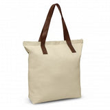 Set of 6 Ascot Tote Bags in natural and brown, featuring durable cotton canvas, zippered closure, and stylish shoulder handles.
