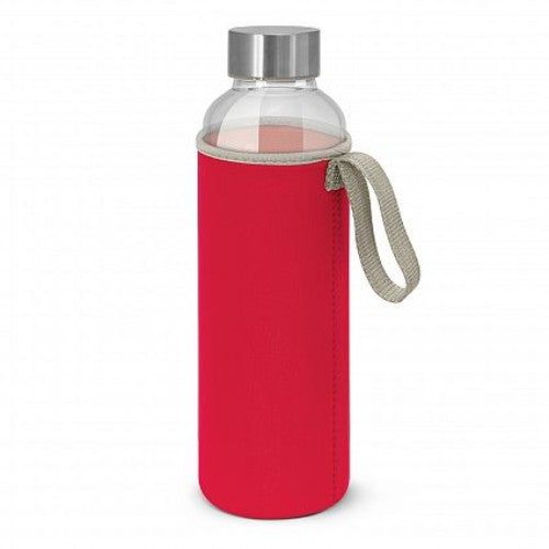 Red Venus Drink Bottle with shatter-resistant glass and neoprene sleeve, perfect for stylish hydration on the go.