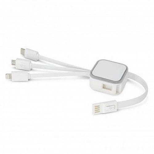 Cypher Charging Cable in White and Clear with four connectors for versatile charging, designed for easy portability and convenience.