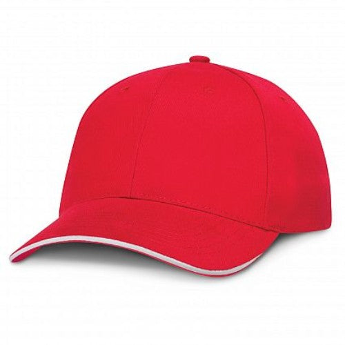 Set of 6 premium red and white caps made from durable brushed cotton, featuring adjustable closures and breathable design.