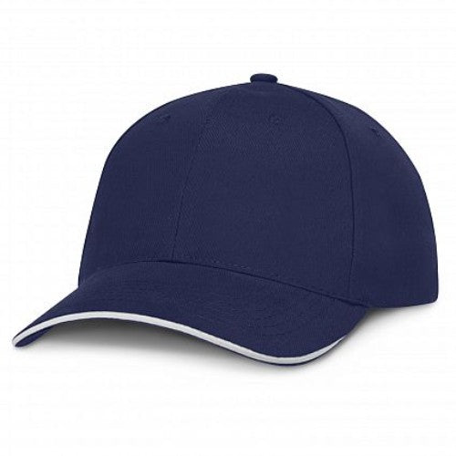 Set of 6 royal blue and white structured caps made of brushed cotton, featuring embroidered eyelets and adjustable closure.