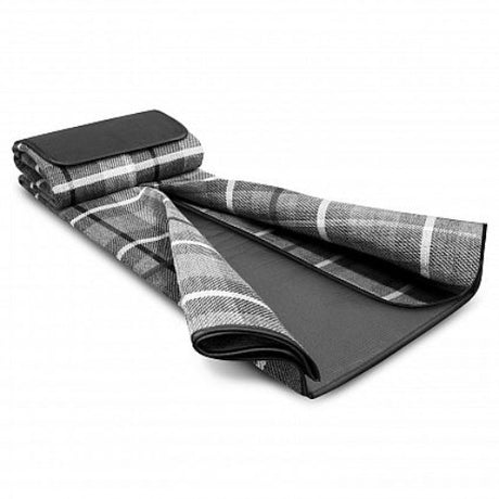 Denver Picnic Blanket in black and grey, featuring waterproof backing and compact design for outdoor use.
