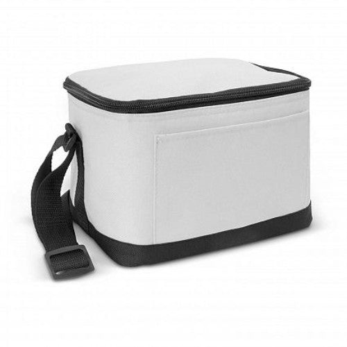 Set of 6 white cooler bags with 4.2L capacity, PE foam insulation, zippered closure, and adjustable straps for easy transport.