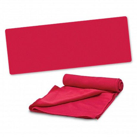 Set of 10 vibrant red cooling towels, designed to cool athletes during workouts; includes waterproof pouches for easy storage.