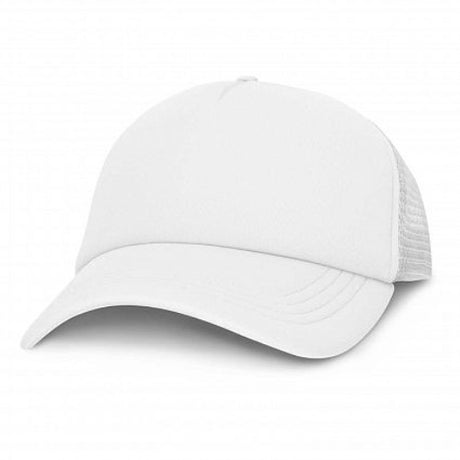 Set of 6 stylish white mesh caps, featuring breathable panels and adjustable snap back for comfort on hot days.